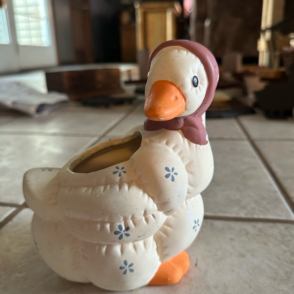 Vintage Cream Ceramic Duck Planter with Orange Beak and Scarf - Unbranded